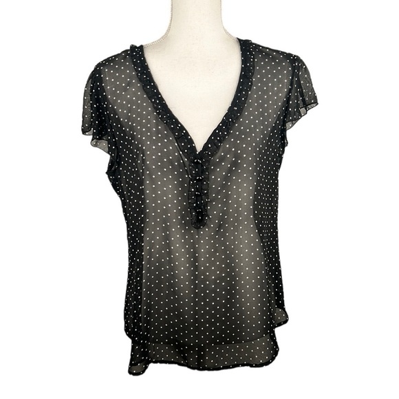 Lily Rose Black & White Polka Dot Sheer V-Neck Short Sleeve Top Size Large - Picture 1 of 6